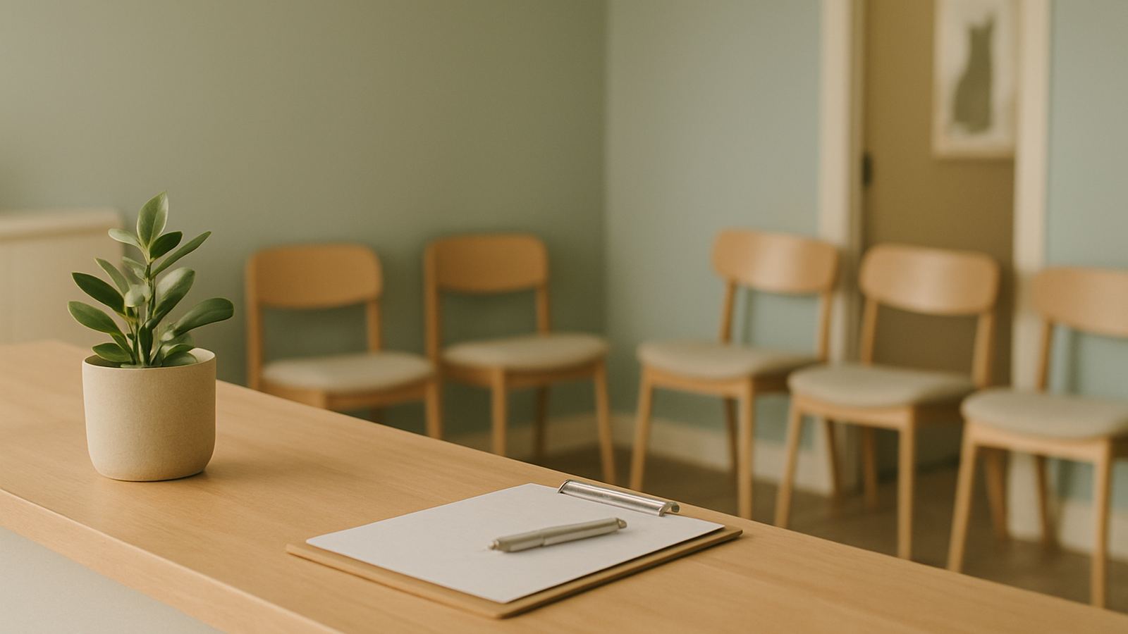 A calm vet hospital reception desk with a warm wood counter and a small plant