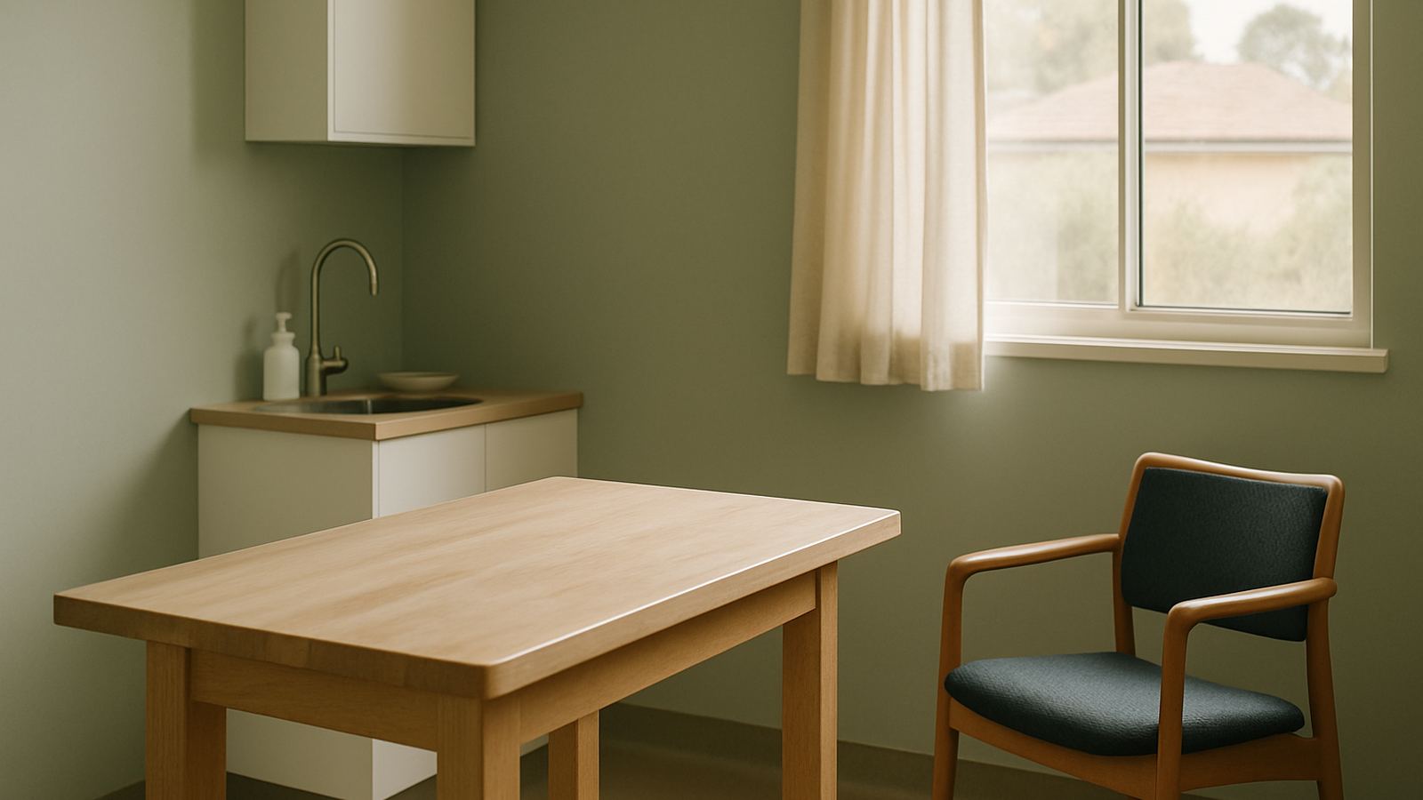 A calm modern vet exam room — a wooden exam table, a low chair for owners, soft window light