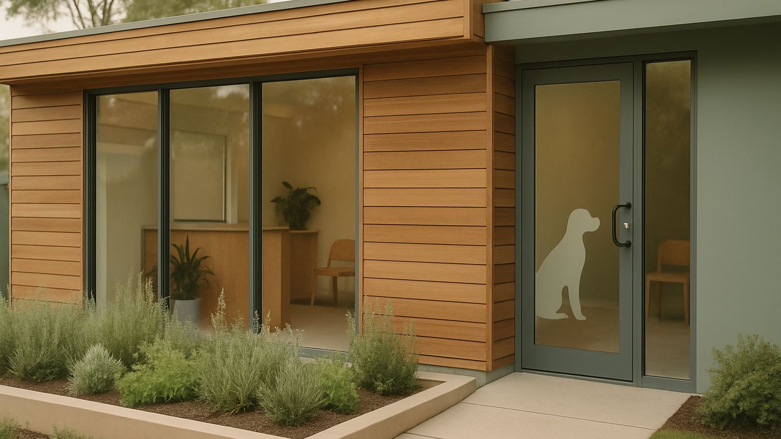 The exterior of a modern small Australian veterinary practice with warm timber cladding and large glass windows