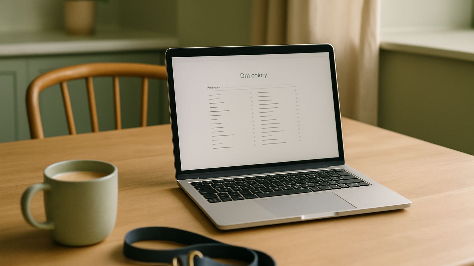 A view from above of a laptop on a kitchen table with a clean directory page open, a leash and a coffee cup in soft focus