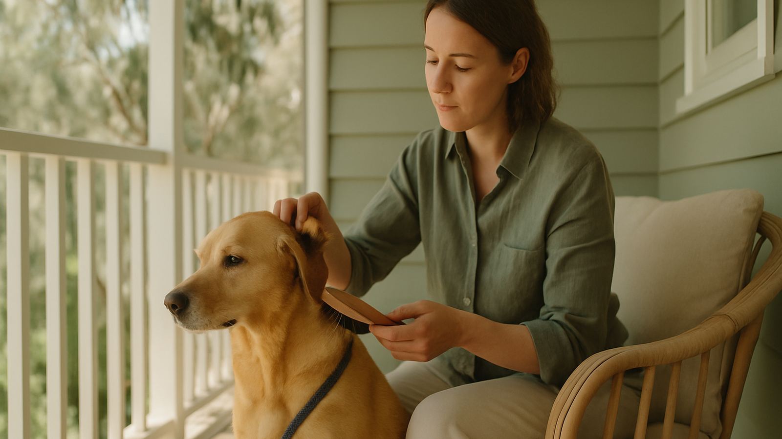 A person on a sunlit Australian porch carefully brushing and checking a dog after a walk
