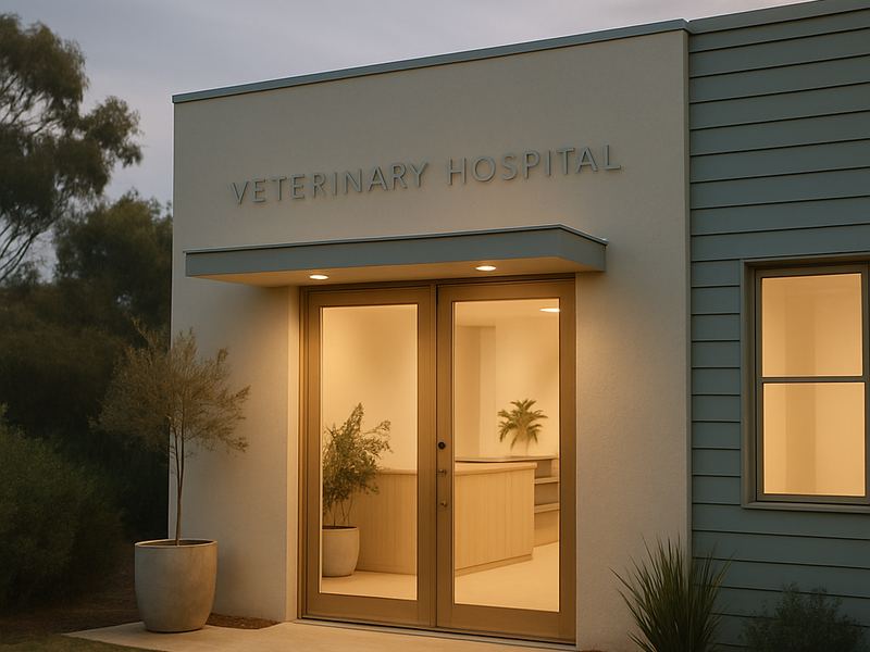 A small modern Australian veterinary hospital at dusk with warm light from the front doors