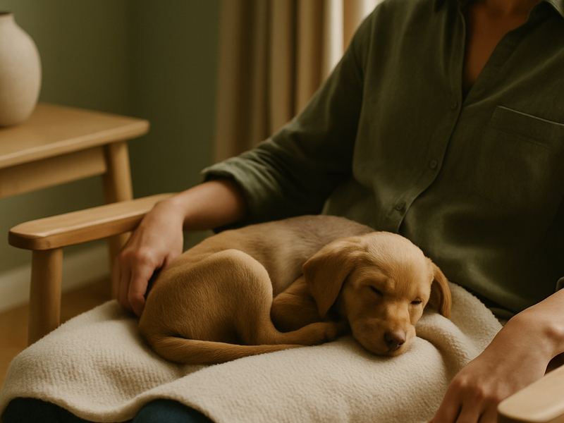 A small puppy curled and asleep in someone's lap