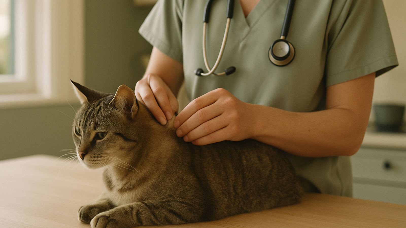 A vet's hands gently parting the fur on a calm cat's neck for examination