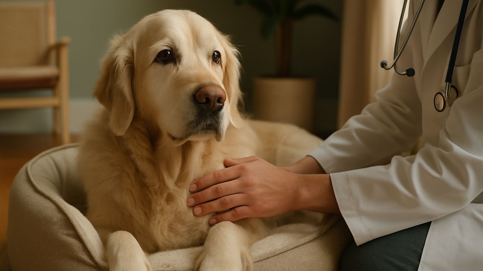 An older Golden Retriever lying calmly in their dog bed while a vet's hand gently rests on their chest