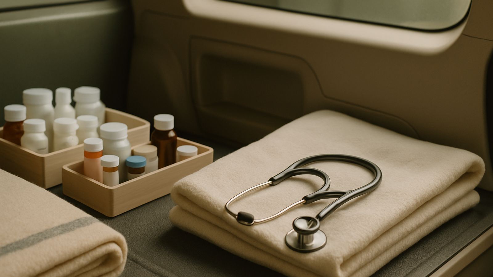 Inside a vehicle: organised trays of medications, a stethoscope on a folded white towel