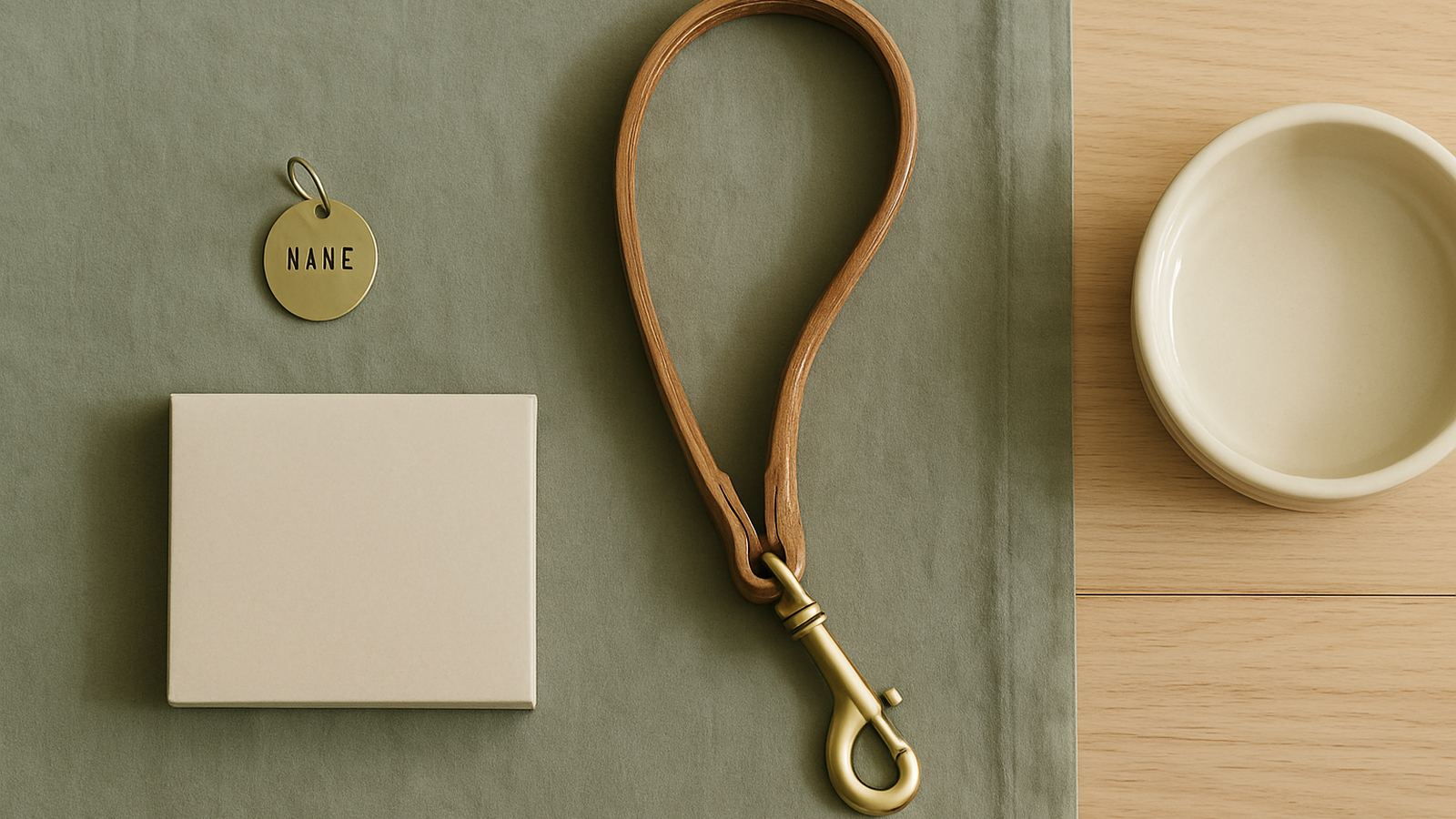 A flat-lay of new-dog supplies — a tag, a small lead, a tick preventive package, a small water bowl