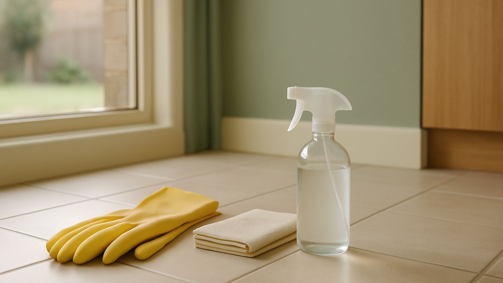 Household cleaning supplies on a tile floor: yellow rubber gloves, a folded cloth and a spray bottle