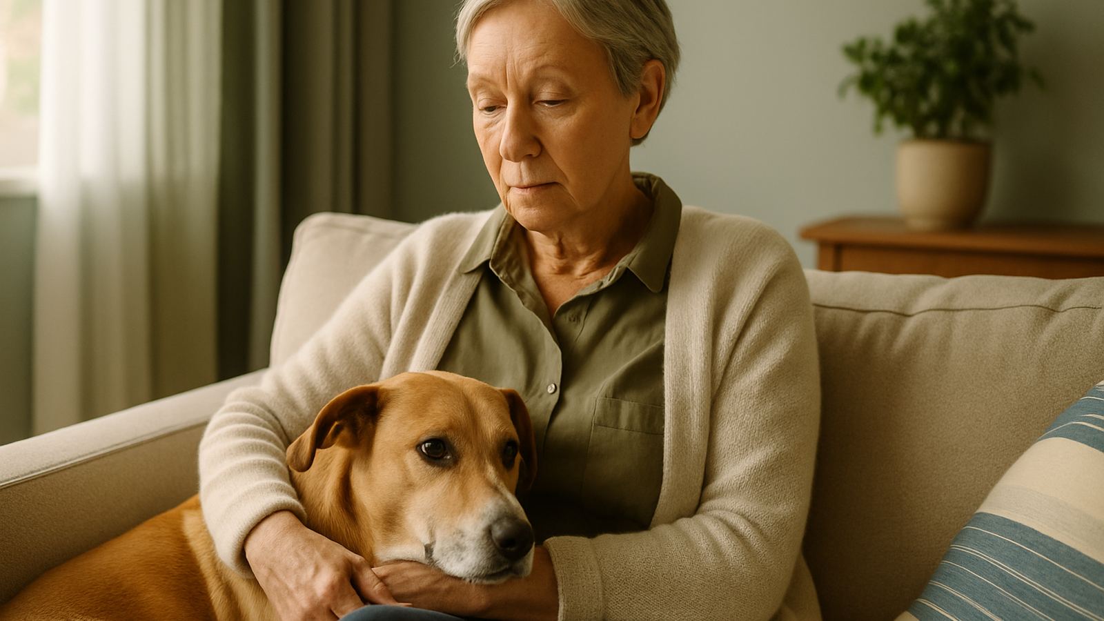 An older person on a couch with a calm dog leaning against them